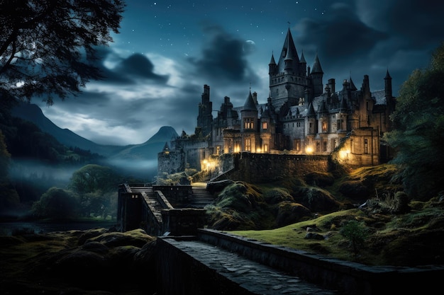 Foto castillo de vampiros con un paisaje de árboles neblinoso en la noche por generative ai