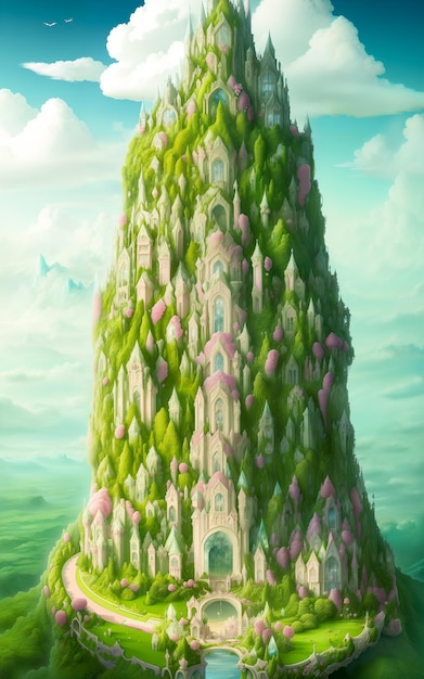Castillo verde de cuento de hadas en las nubes