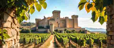 Foto castillo con vistas a viñedos con uvas maduras