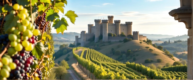 Foto castillo con vistas a viñedos con uvas maduras