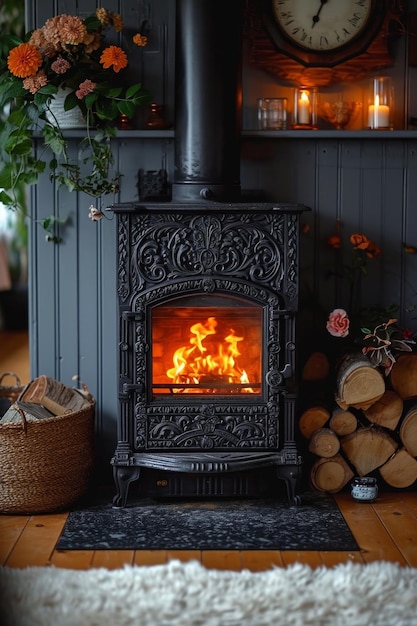 Castiron-Ofen in einem rustikalen Haus mit einem Feuer, das im Inneren angezündet wird, um das Haus zu heizen