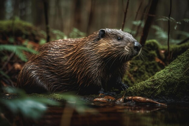 Foto un castor en un bosque con musgo y musgo.