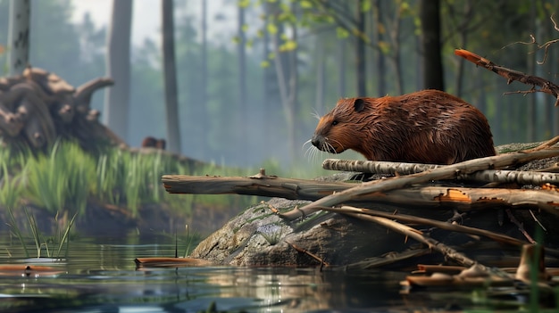 Un castor descansa en un montículo de madera en un bosque exuberante