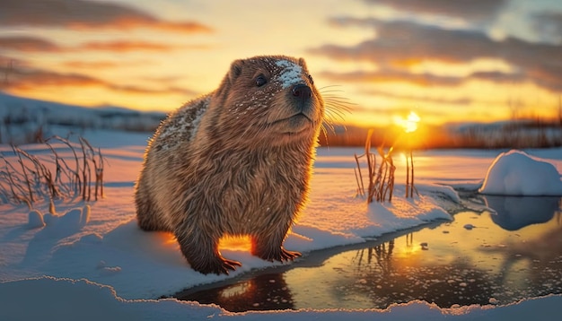 un castor está de pie en la nieve con el sol detrás de él