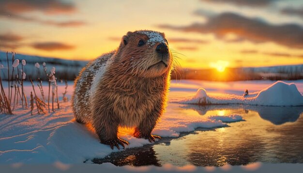 un castor está de pie en la nieve con el sol detrás de él