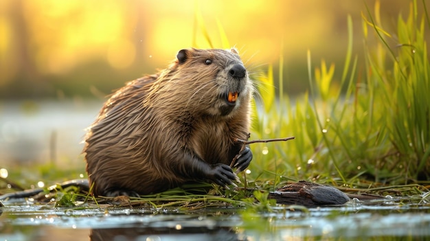 Foto el castor masticando una rama junto al agua al atardecer