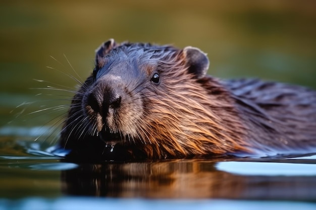 Un castor nadando en un estanque con la cabeza fuera del agua