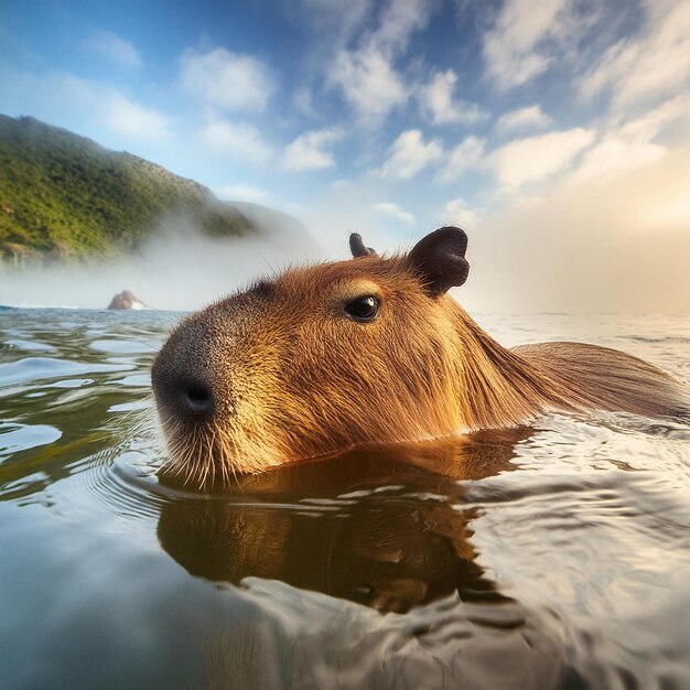 un castor nadando en un lago con montañas en el fondo