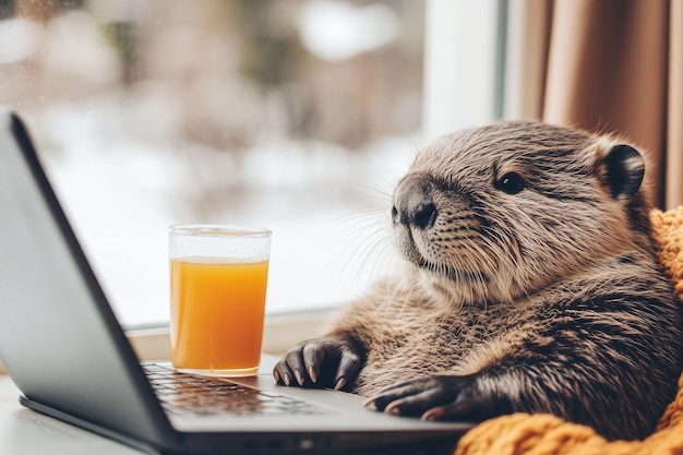 El castor se relaja disfrutando del tiempo con la computadora portátil