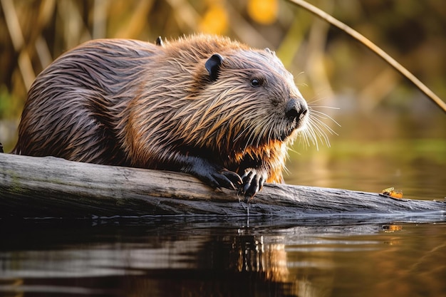 Un castor se sienta en un tronco en un lago.