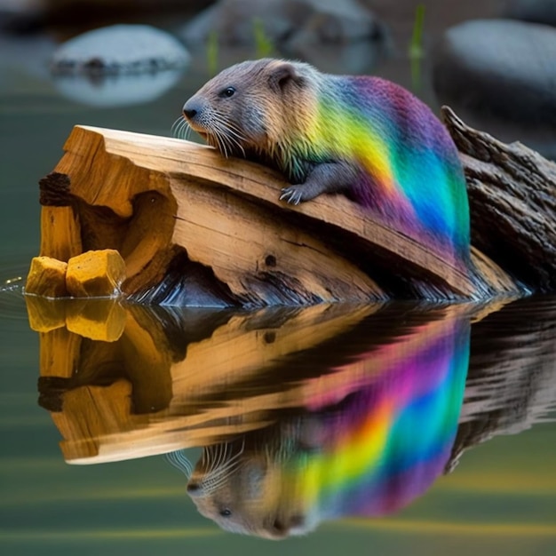 Foto un castor está en un tronco en un lago con un tronco de color arcoíris.