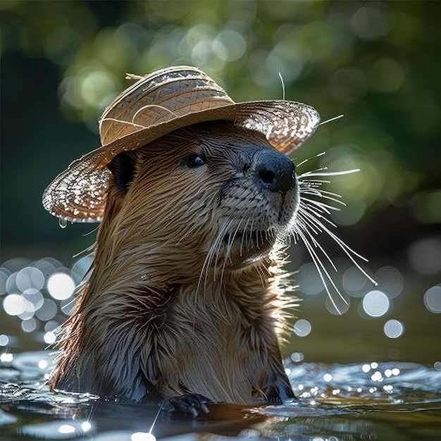 El castor ventilado en el sombrero de sol, ocio a la orilla del lago.