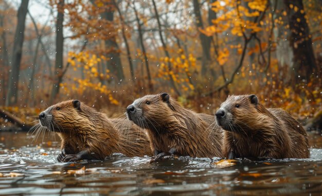 Foto los castores jugando en el agua los castores en la naturaleza