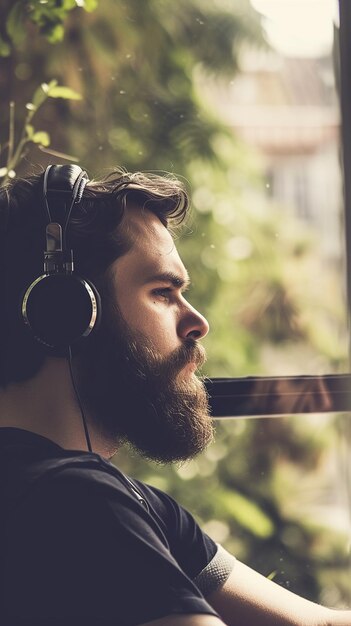 Foto casual e reflexivo um homem barbudo com fones de ouvido