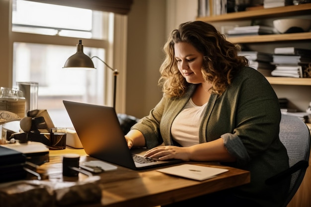 Foto casual feliz caucasiana plusize mulher de negócios usando laptop em sua mesa