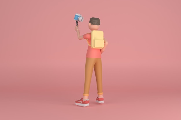 Casual homem de cabelo castanho viajando enquanto segura a renderização 3d da câmera