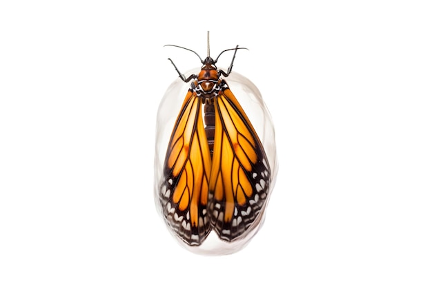 Casulo de borboleta pendurado isolado em um fundo branco