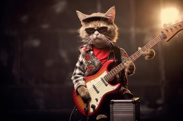 Cat bajista de Funky music 70s setenta ilustración generativa ai