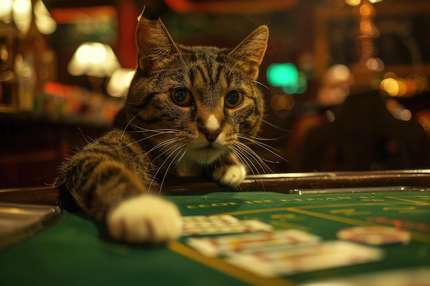 Cat Casino Dealer Cat como croupier está esperando pelo jogador Gatos prontos para jogar cartas na mesa verde do cassino