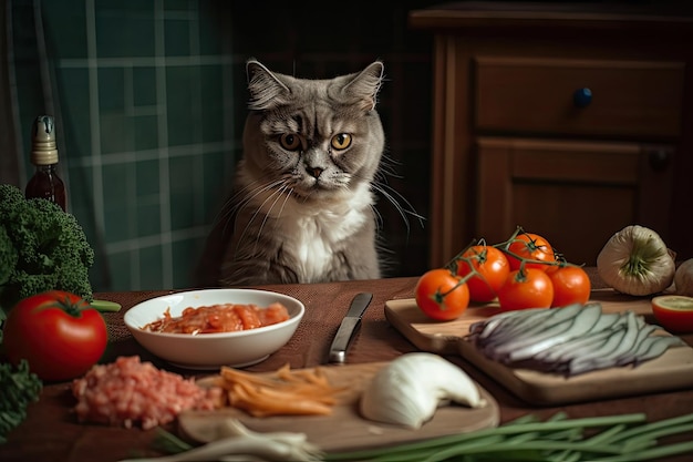 Cat chef preparando una deliciosa comida de pescado y verduras