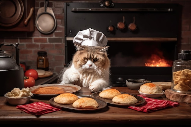 Cat chef preparando uma refeição saborosa de bifes suculentos, arroz fofo e pão de alho