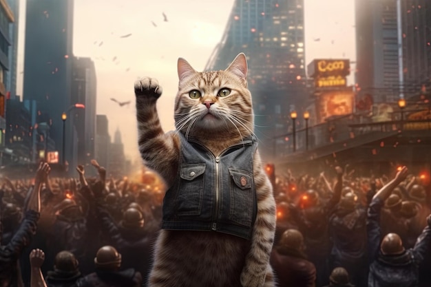 Cat como líder del movimiento revolucionario de la ciudad de Nueva York, EE. UU., para restablecer el equilibrio entre humanos y gatos, ilustración generativa ai