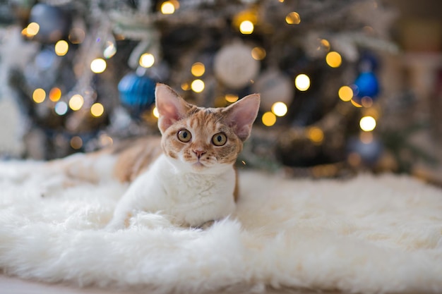 Cat Devonrex Nahaufnahme im Hintergrund ein Weihnachtsbaum in Lichtern