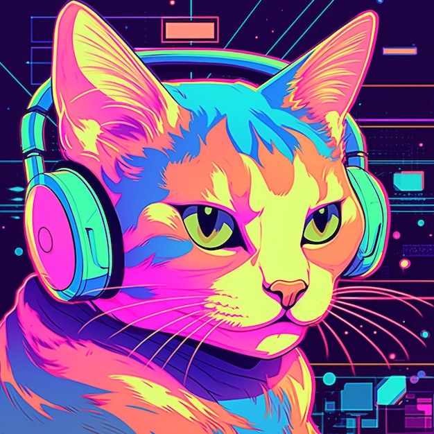 Cat dj en auriculares estilo vaporwave