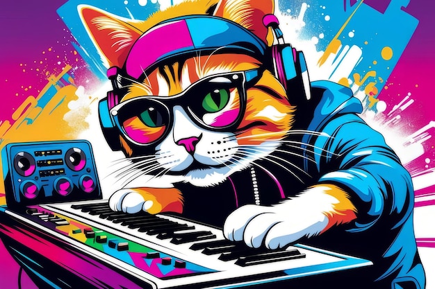 Cat dj jugando y diseño de camiseta de sintetizador ilustración de color brillante y colorido Creado con herramientas generativas de IA