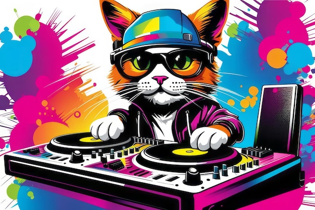 Cat dj tocando e design de camiseta de sintetizador ilustração de cor colorida brilhante Criado usando ferramentas generativas de IA