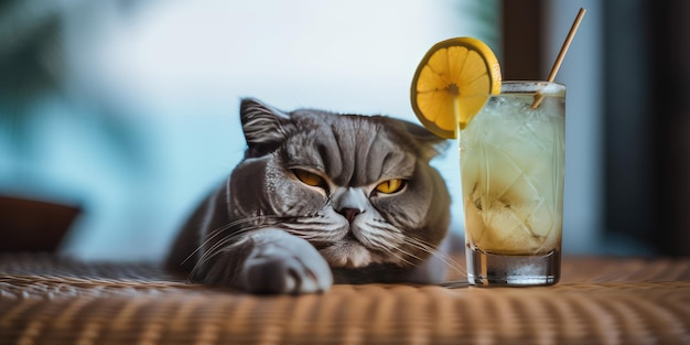 Cat está de vacaciones de verano en un balneario y descansando en la playa de verano de Hawai