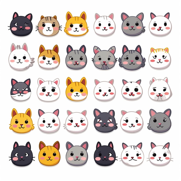 Cat Faces Emojis 2d ilustração vetorial de desenho animado em b branco