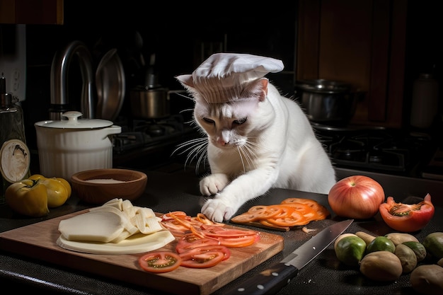 Cat Souschef schneidet Würfel und hackt Zutaten für köstliche Mahlzeiten, die mit generativer KI zubereitet werden