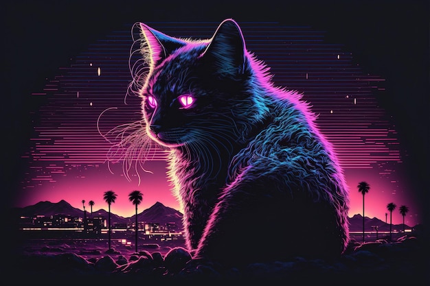 Cat-Synthwave-Vaporwave-Stil unter konzeptionellem Charakterdesign mit Neonlicht