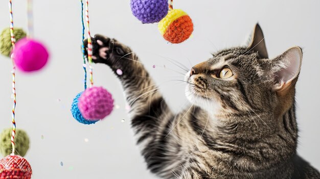 Foto cat toy extravaganza documenta la emoción y la alegría mientras los gatos exploran una colección de juguetes cada uno ofreciendo infinitas posibilidades de diversión