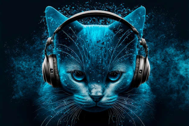 Cat Wears Headphones Tono Azul Neón