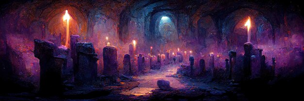 Catacumbas medievales sin fin de miedo con antorchas. Pesadilla mística. Representación 3D. Pintura digital