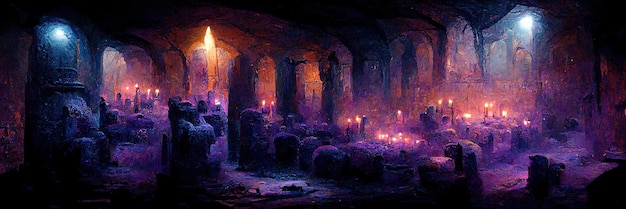 Catacumbas medievales sin fin de miedo con antorchas. Pesadilla mística. Representación 3D. Pintura digital