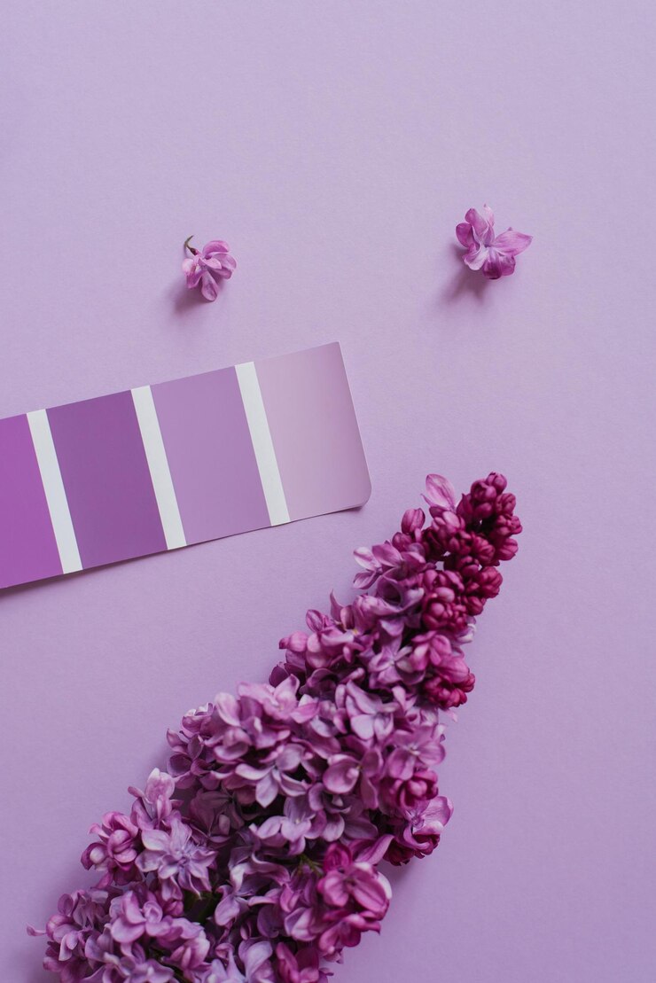 Foto catálogo de cores um exemplo de amostra de lilás em papel e flores lilás a paleta de cores usada pelo designer para selecionar o tom correto vista de cima