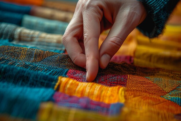 Foto catálogo con pequeñas muestras de telas modernas closeup de una mano tocando la tela