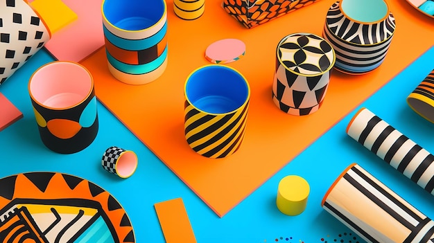 Foto catálogos de produtos com padrões geométricos exibidos em uma mesa azul acompanhada de um vaso preto e um y