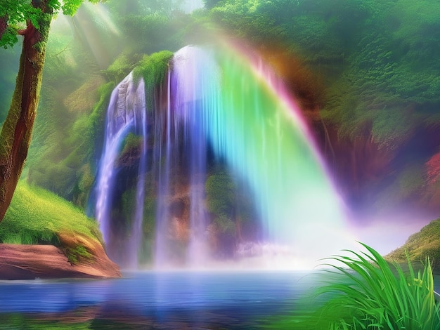Catarata con arco iris en el bosque Colorido paisaje de fantasía