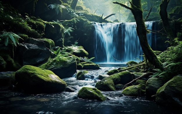 Catarata en el bosque profundo de la montaña