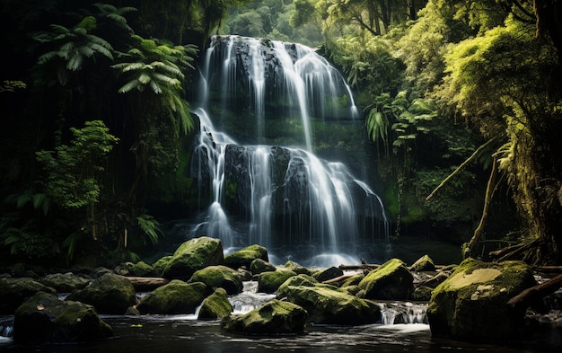 Foto catarata en el bosque profundo de la montaña