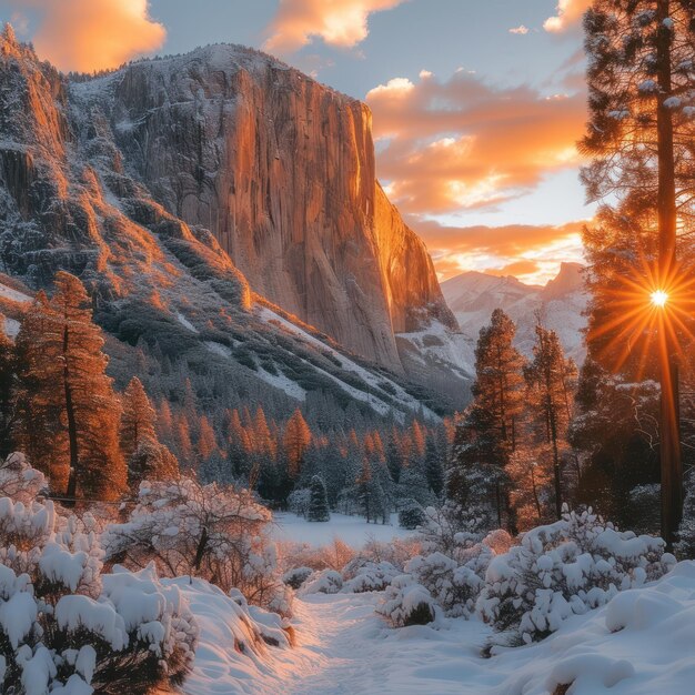 Foto catarata de cola de caballo en el parque nacional de yosemite brillando en la luz del atardecer en febrero