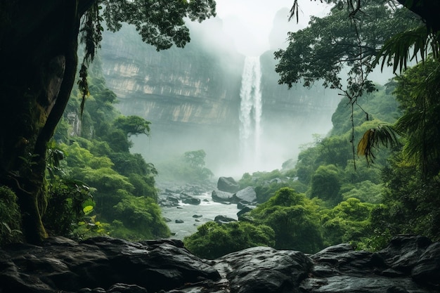 Catarata en la jungla con árboles y montañas