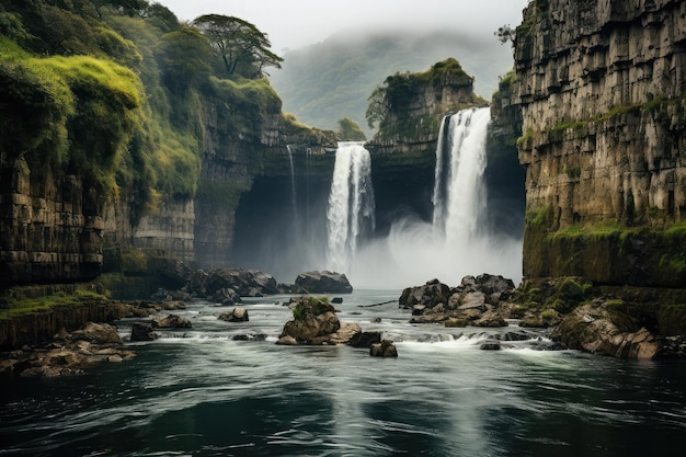 Catarata que desciende desde el pico de una colina altísima el agua cae dramáticamente