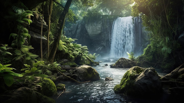 una catarata en la selva con una cascada en el fondo