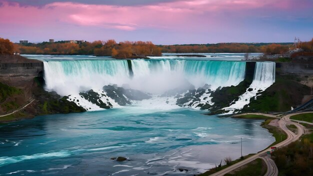 Foto las cataratas americanas de niágara en primer plano al anochecer después de la puesta del sol