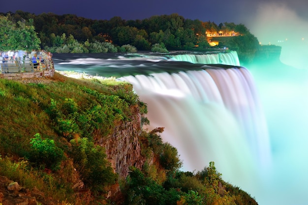 Cataratas do niágara iluminadas à noite por luzes coloridas